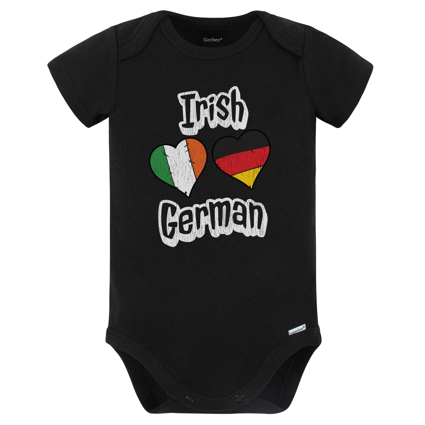 Irish German Flag Heart Combo Ireland Germany Baby Bodysuit Distressed (Black)