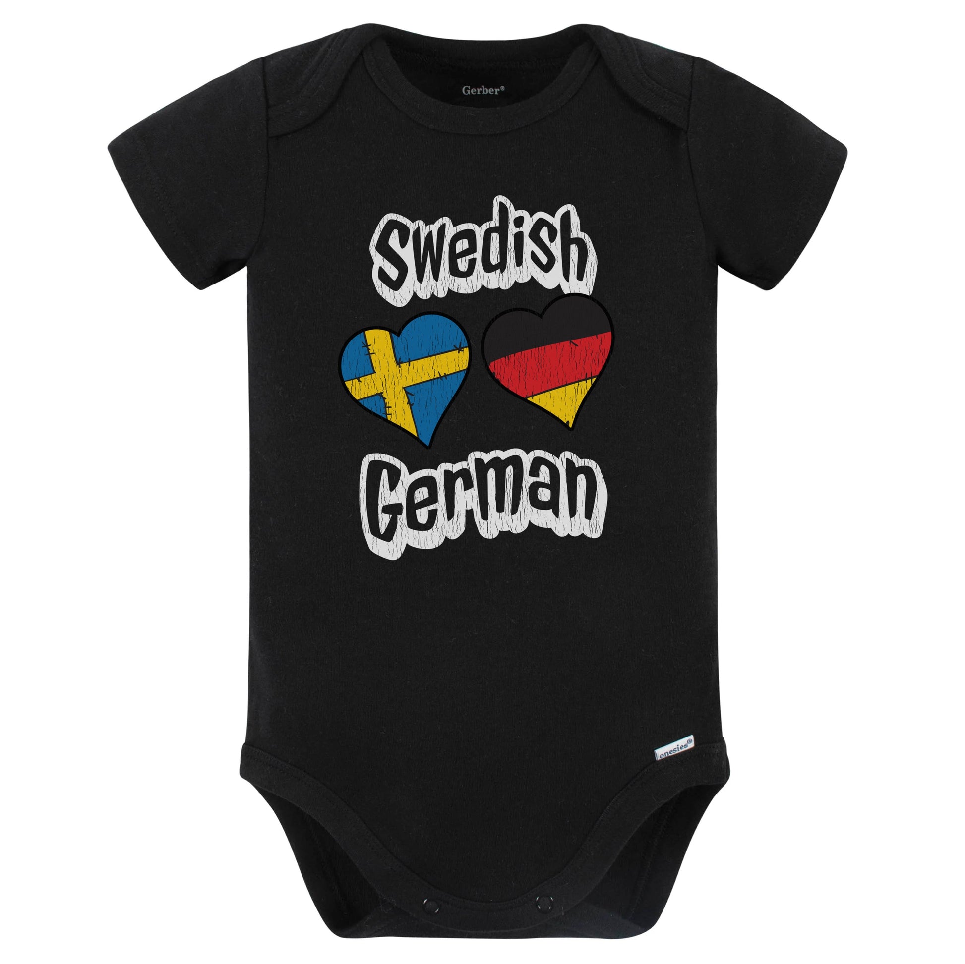 Swedish German Flag Heart Combo Sweden Germany Baby Bodysuit Distressed (Black)