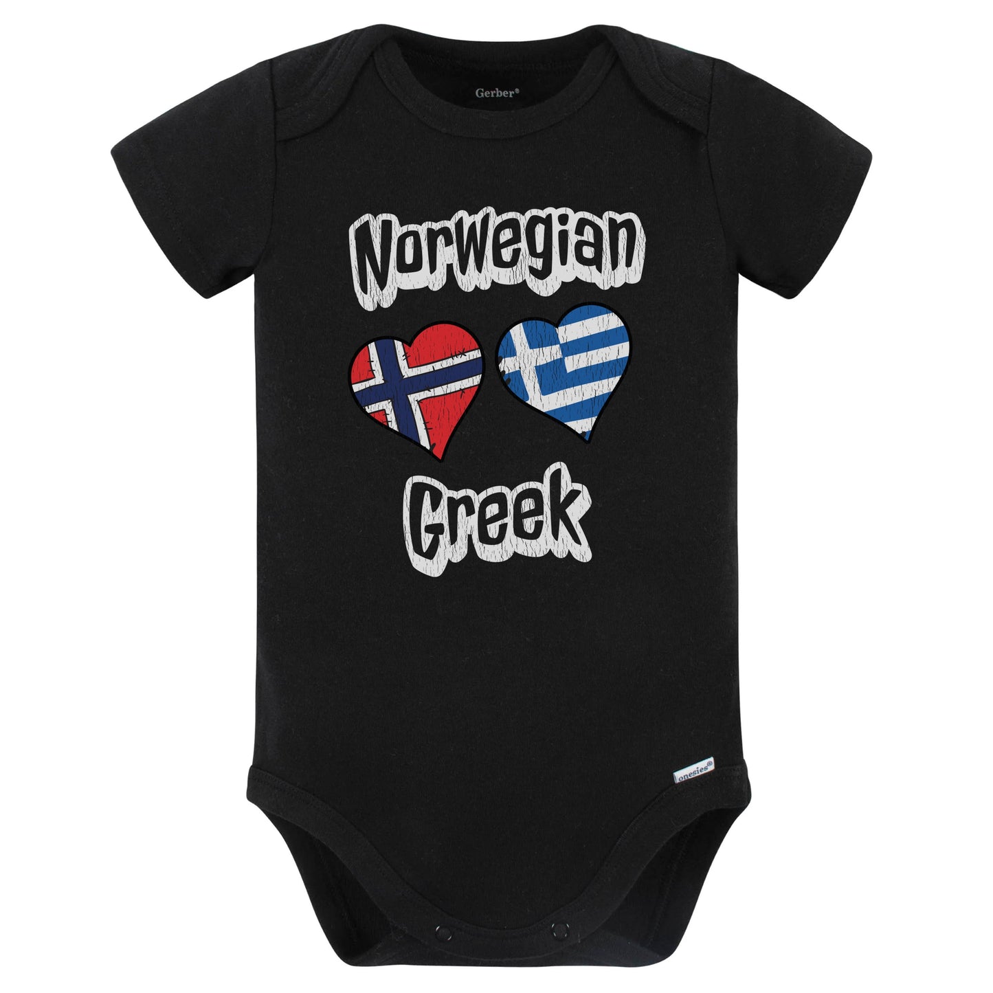 Norwegian Greek Flag Heart Combo Norway Greece Baby Bodysuit Distressed (Black)