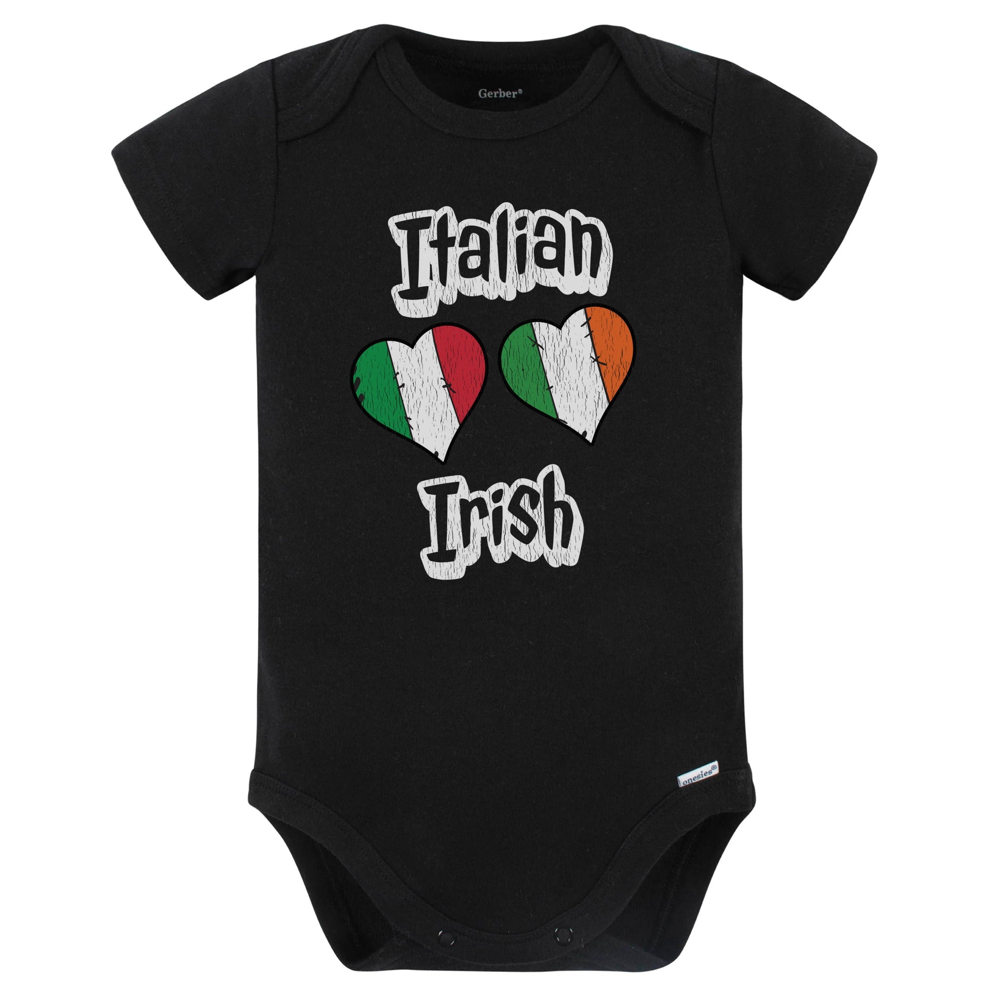 Italian Irish Flag Heart Combo Italy Ireland Baby Bodysuit Distressed (Black)
