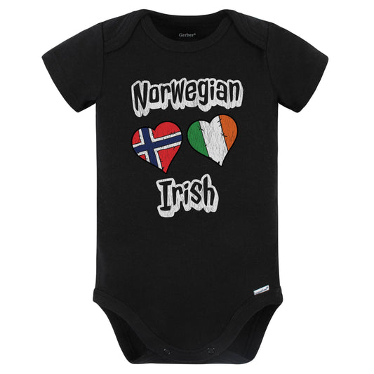 Norwegian Irish Flag Heart Combo Norway Ireland Baby Bodysuit Distressed (Black)