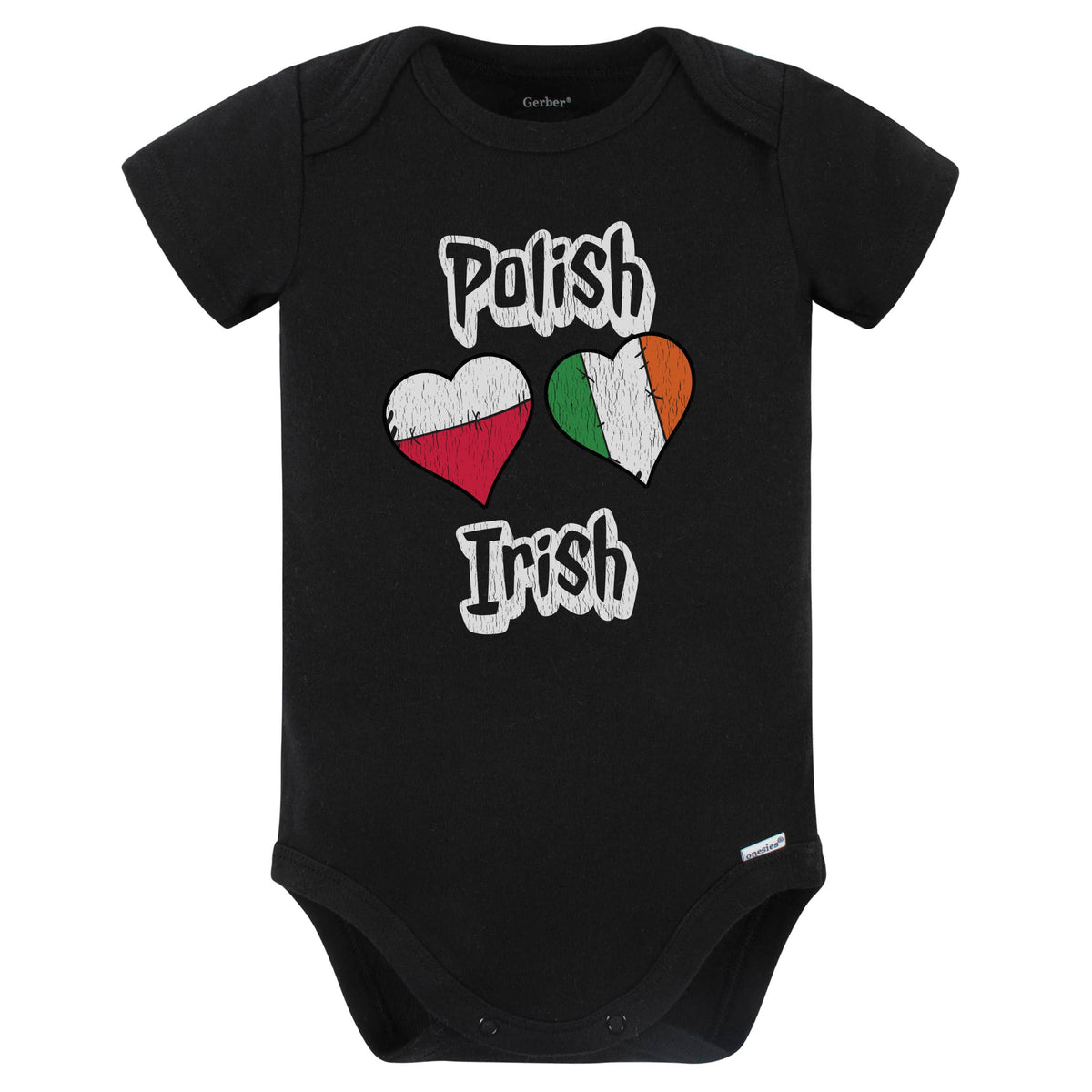 Polish Irish Flag Heart Combo Poland Ireland Baby Bodysuit Distressed (Black)