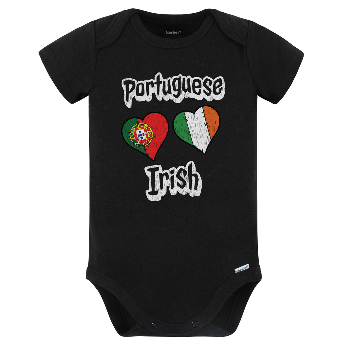Portuguese Irish Flag Heart Combo Portugal Ireland Baby Bodysuit Distressed (Black)