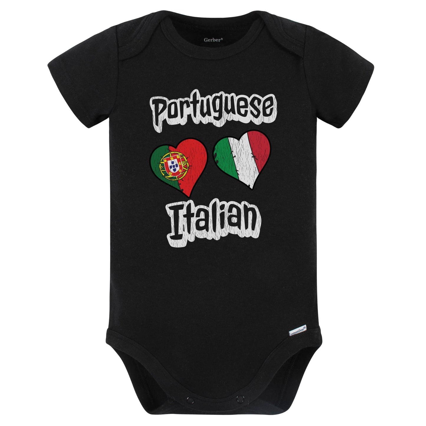 Portuguese Italian Flag Heart Combo Portugal Italy Baby Bodysuit Distressed (Black)