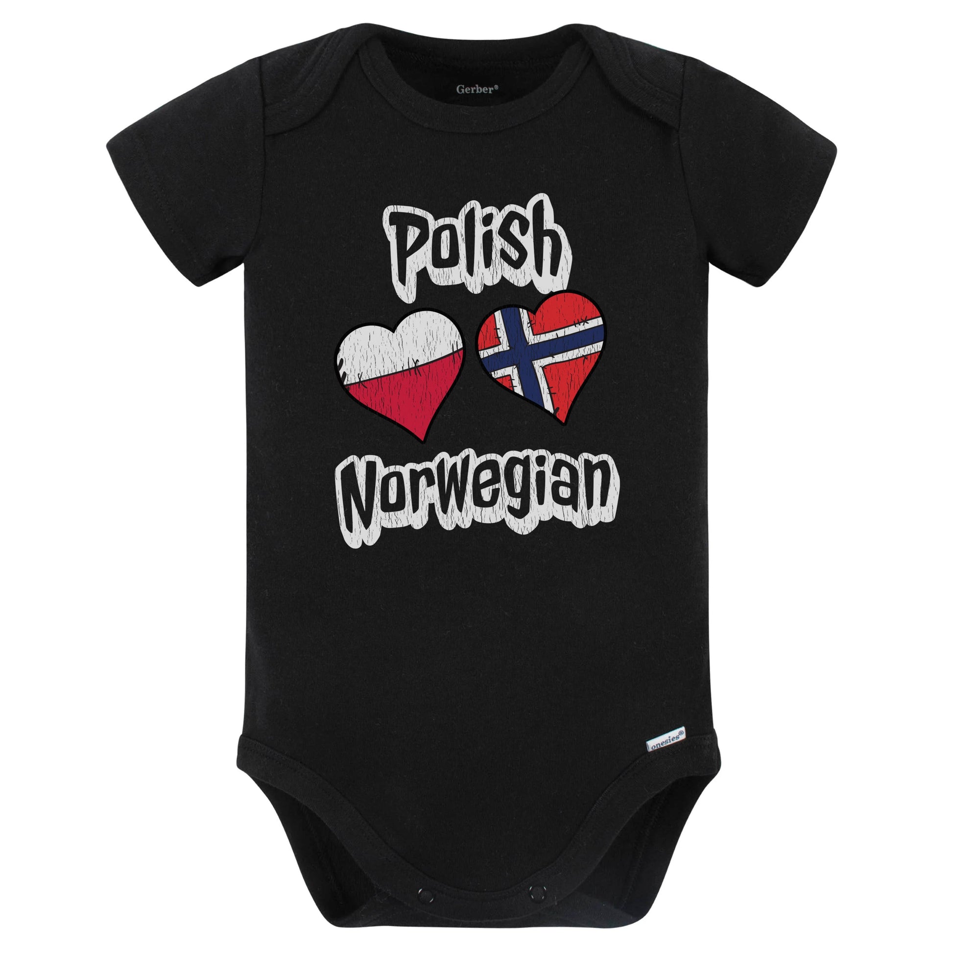 Polish Norwegian Flag Heart Combo Poland Norway Baby Bodysuit Distressed (Black)
