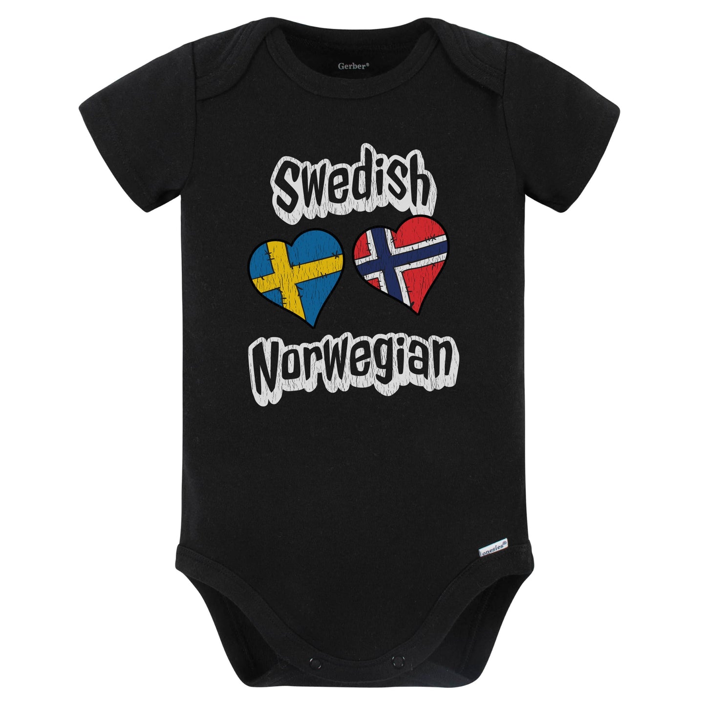 Swedish Norwegian Flag Heart Combo Sweden Norway Baby Bodysuit Distressed (Black)