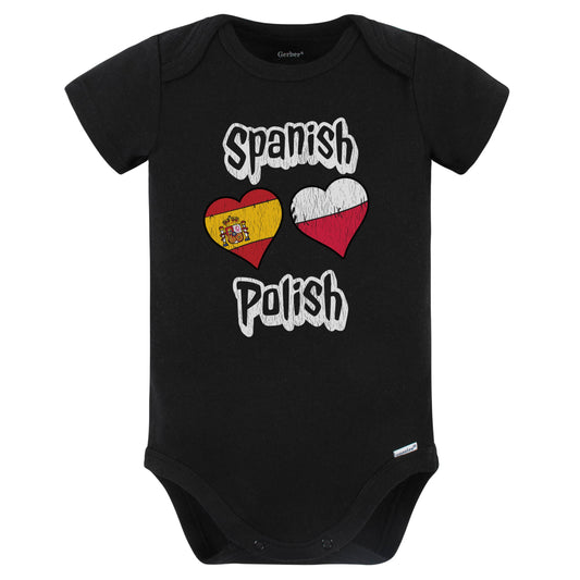 Spanish Polish Flag Heart Combo Spain Poland Baby Bodysuit Distressed (Black)