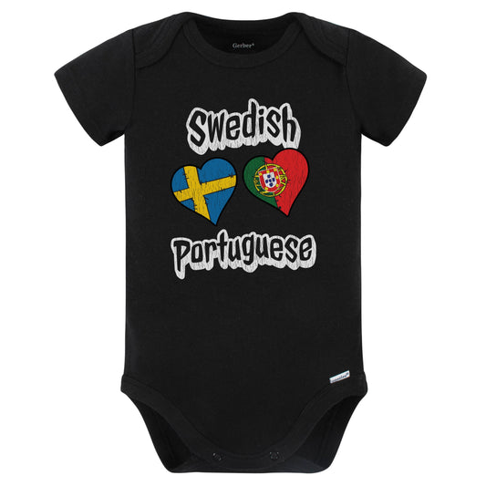 Swedish Portuguese Flag Heart Combo Sweden Portugal Baby Bodysuit Distressed (Black)