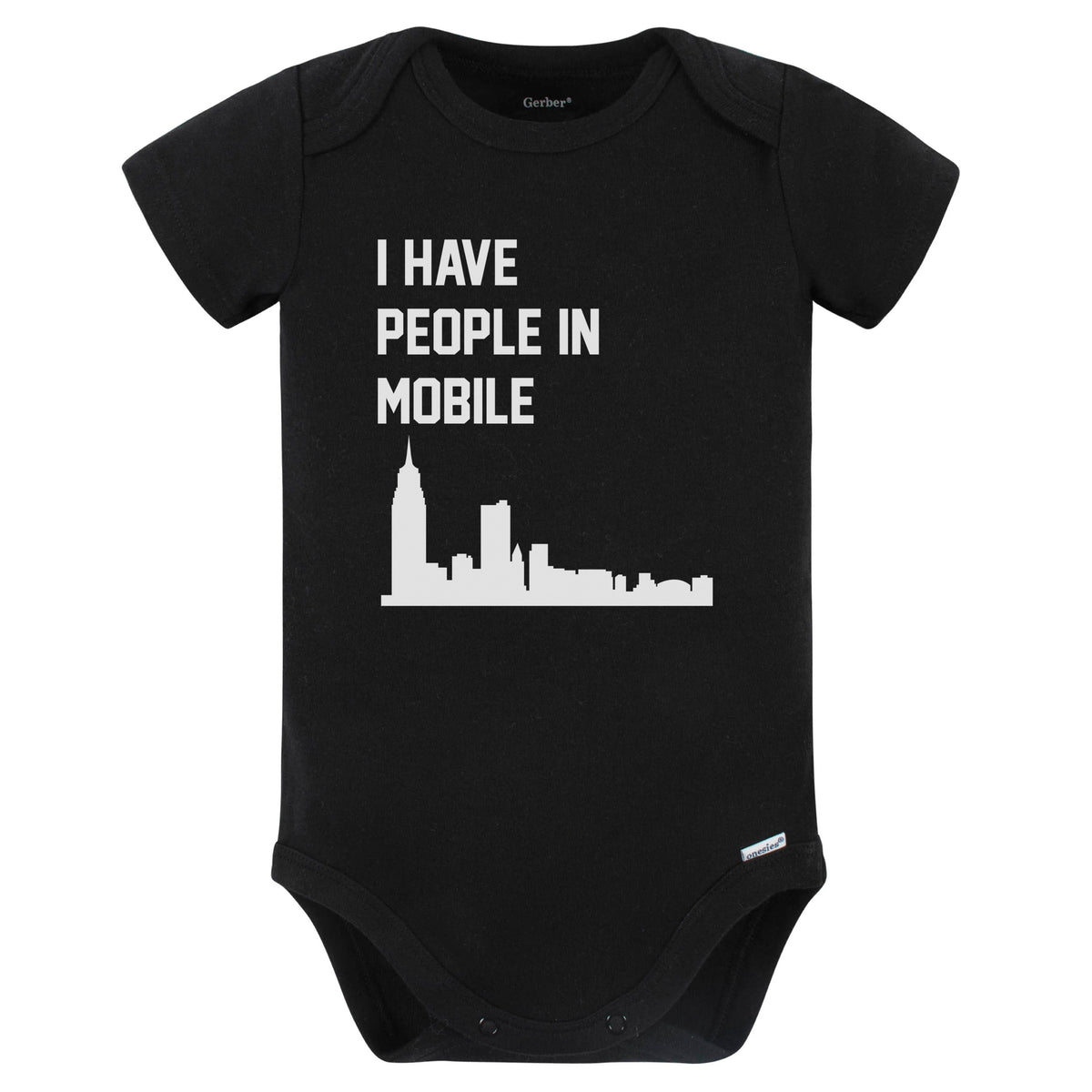 I Have People In Mobile Alabama Skyline Baby Bodysuit (Black)