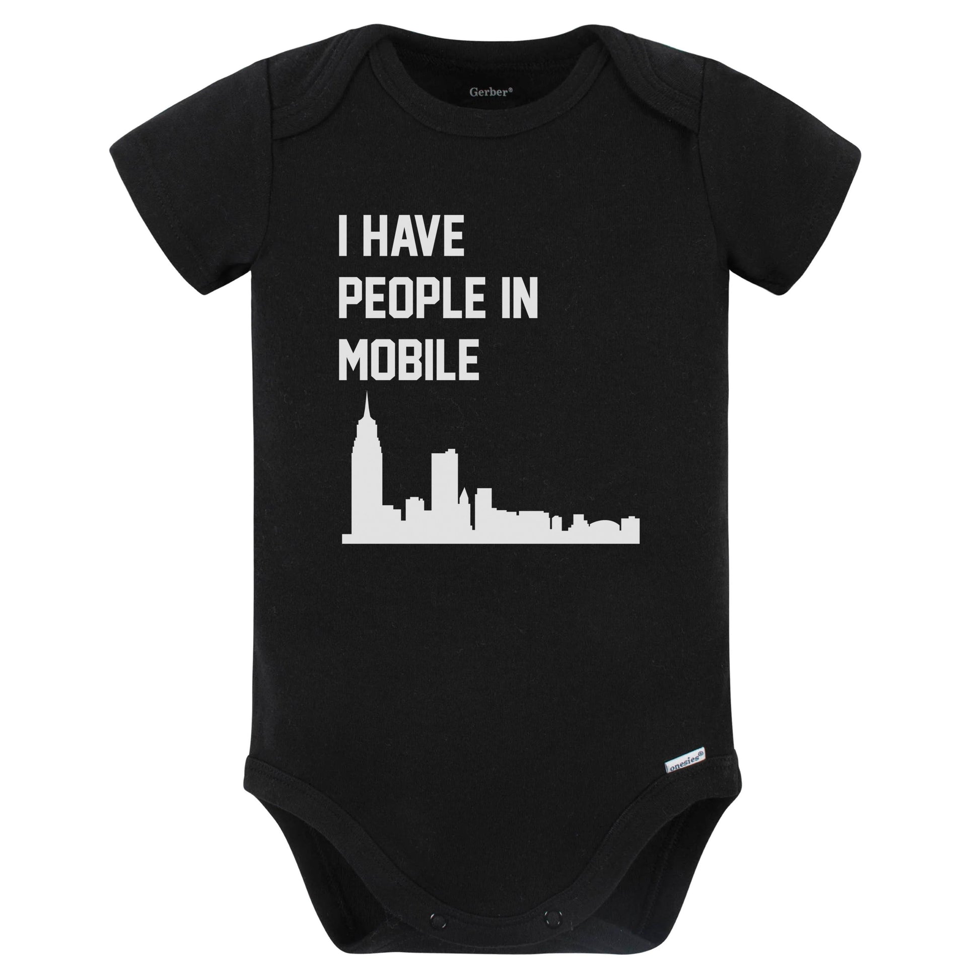 I Have People In Mobile Alabama Skyline Baby Bodysuit (Black)