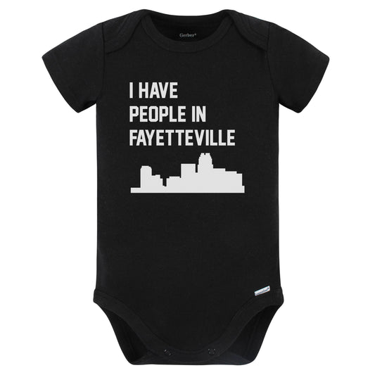 I Have People In Fayetteville North Carolina Skyline Baby Bodysuit (Black)