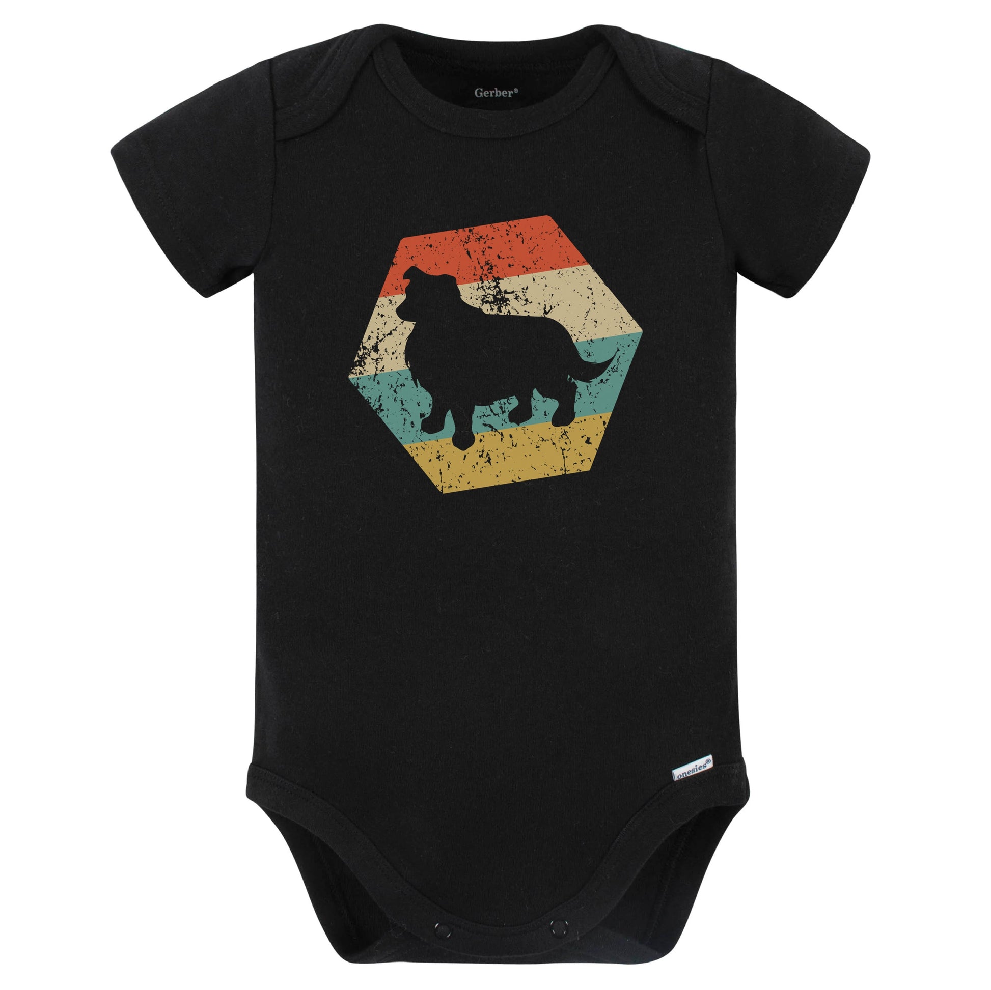 Australian Shepherd Dog Breed Retro Distressed Hexagon Baby Bodysuit (Black)