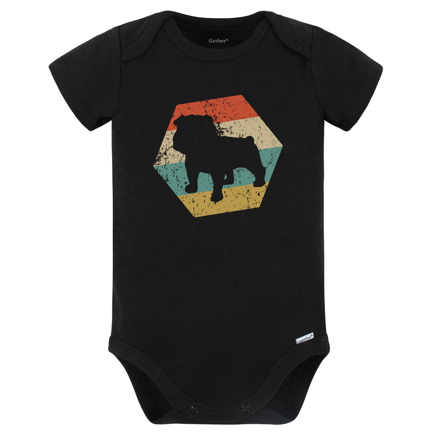 English Bulldog Dog Breed Retro Distressed Hexagon Baby Bodysuit (Black)