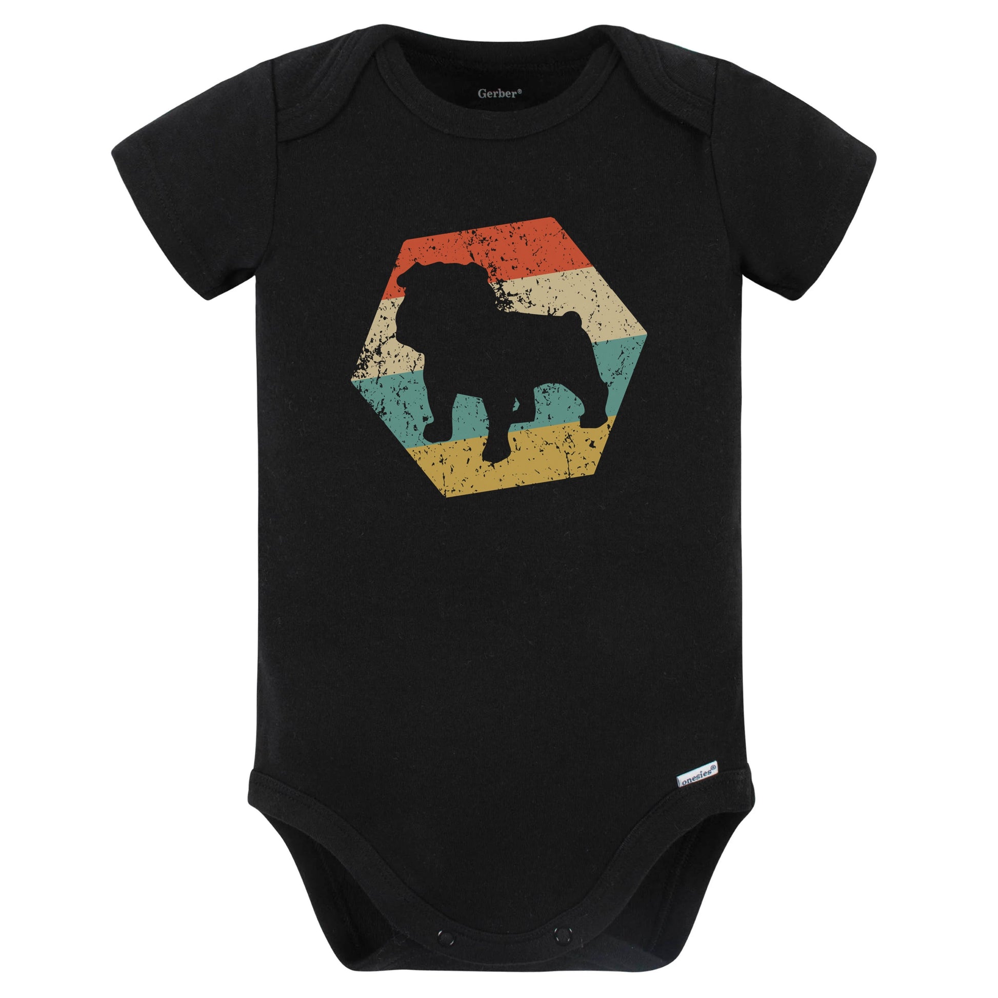 English Bulldog Dog Breed Retro Distressed Hexagon Baby Bodysuit (Black)