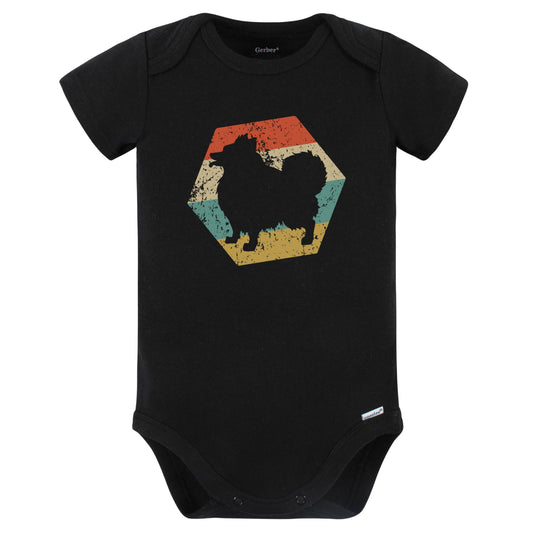Pomeranian Dog Breed Retro Distressed Hexagon Baby Bodysuit (Black)