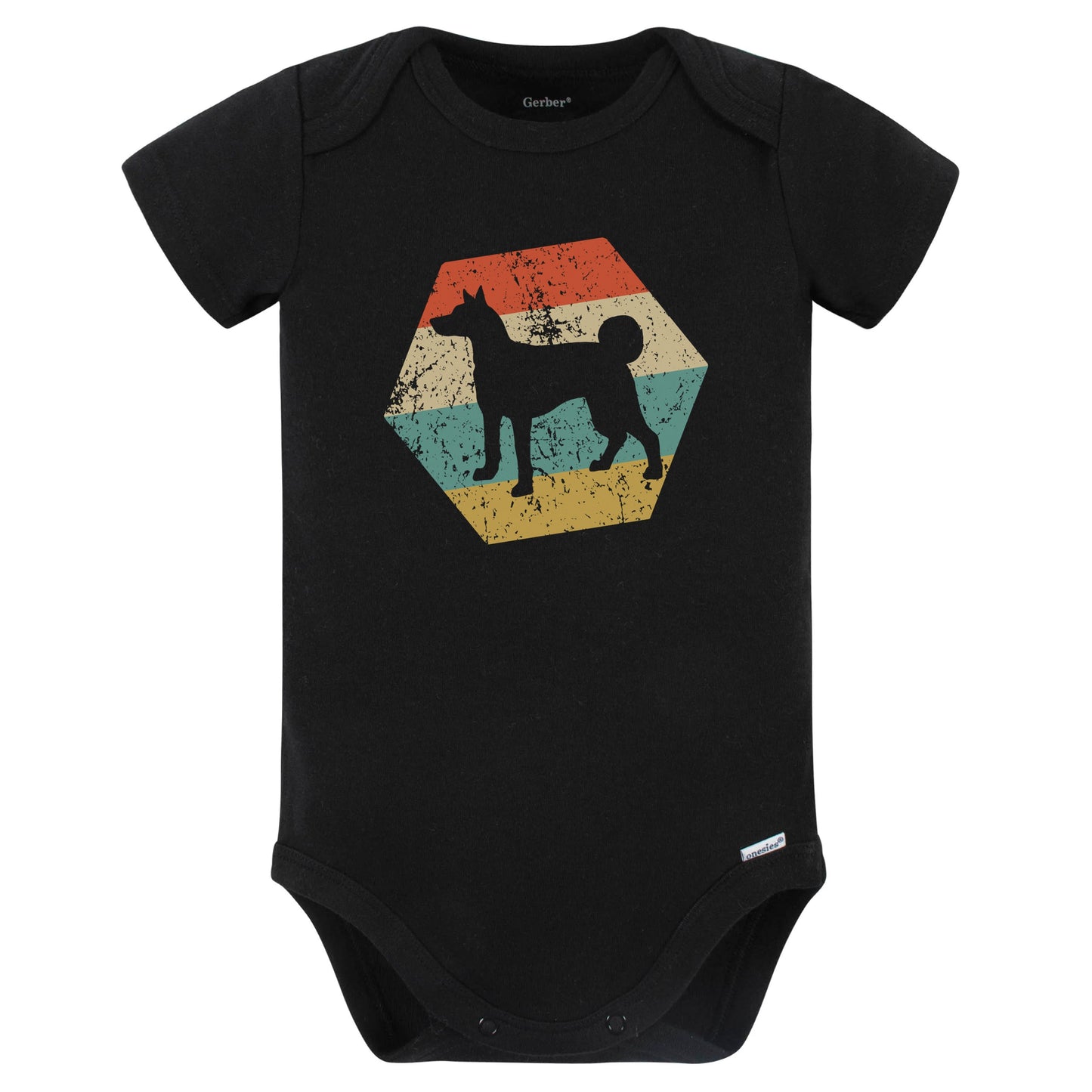 Basenji Dog Breed Retro Distressed Hexagon Baby Bodysuit (Black)