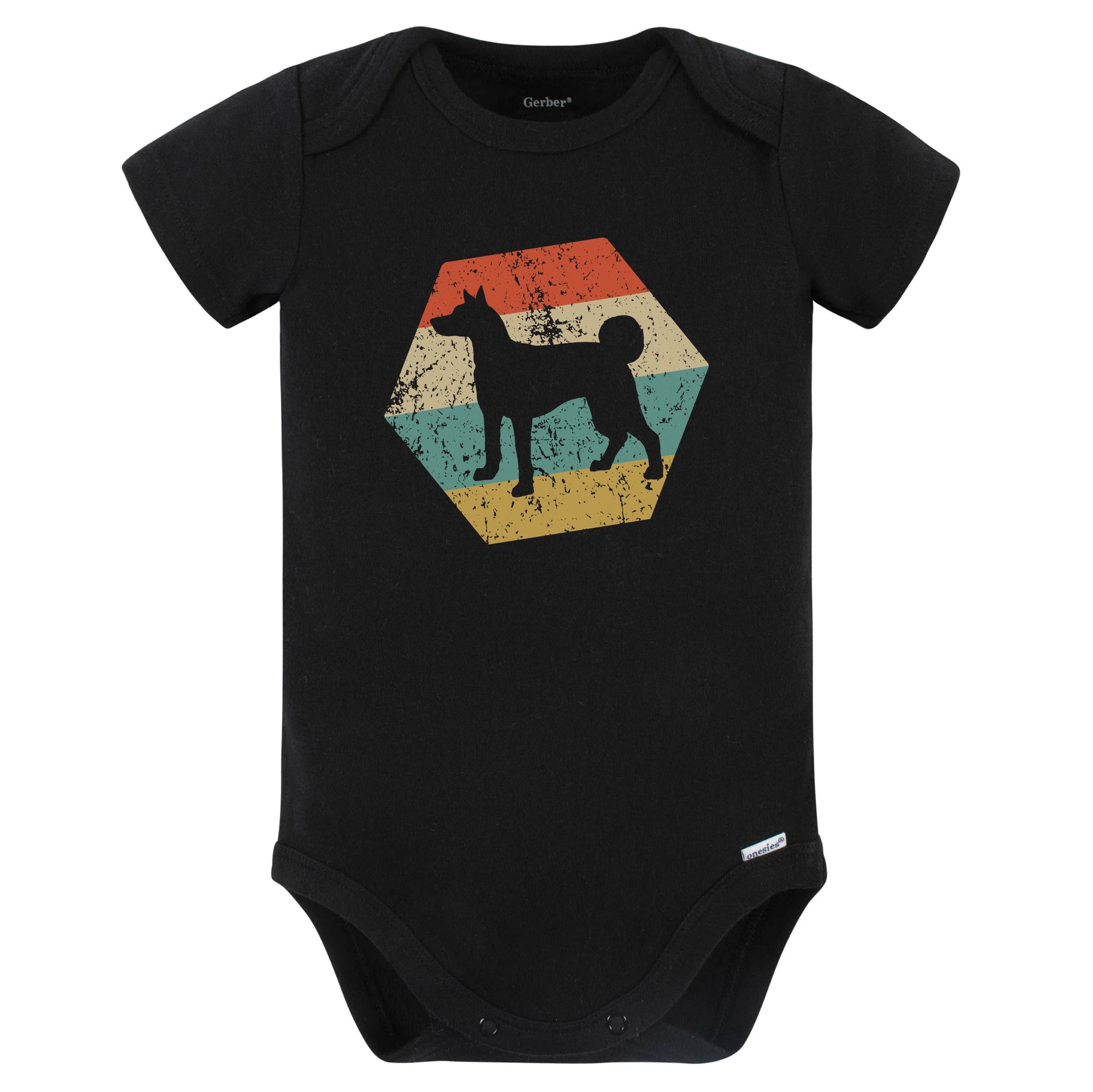 Basenji Dog Breed Retro Distressed Hexagon Baby Bodysuit (Black)