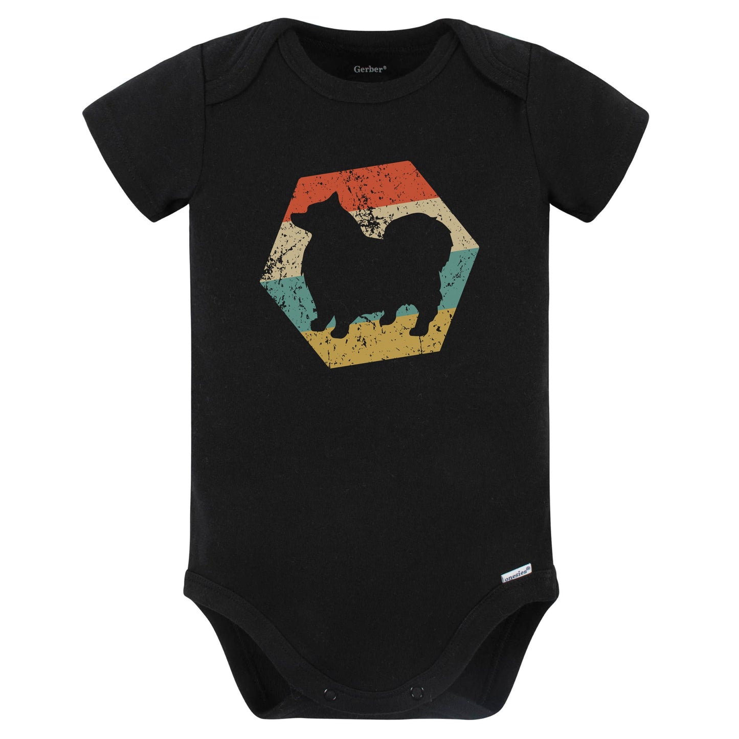 Keeshond Dog Breed Retro Distressed Hexagon Baby Bodysuit (Black)
