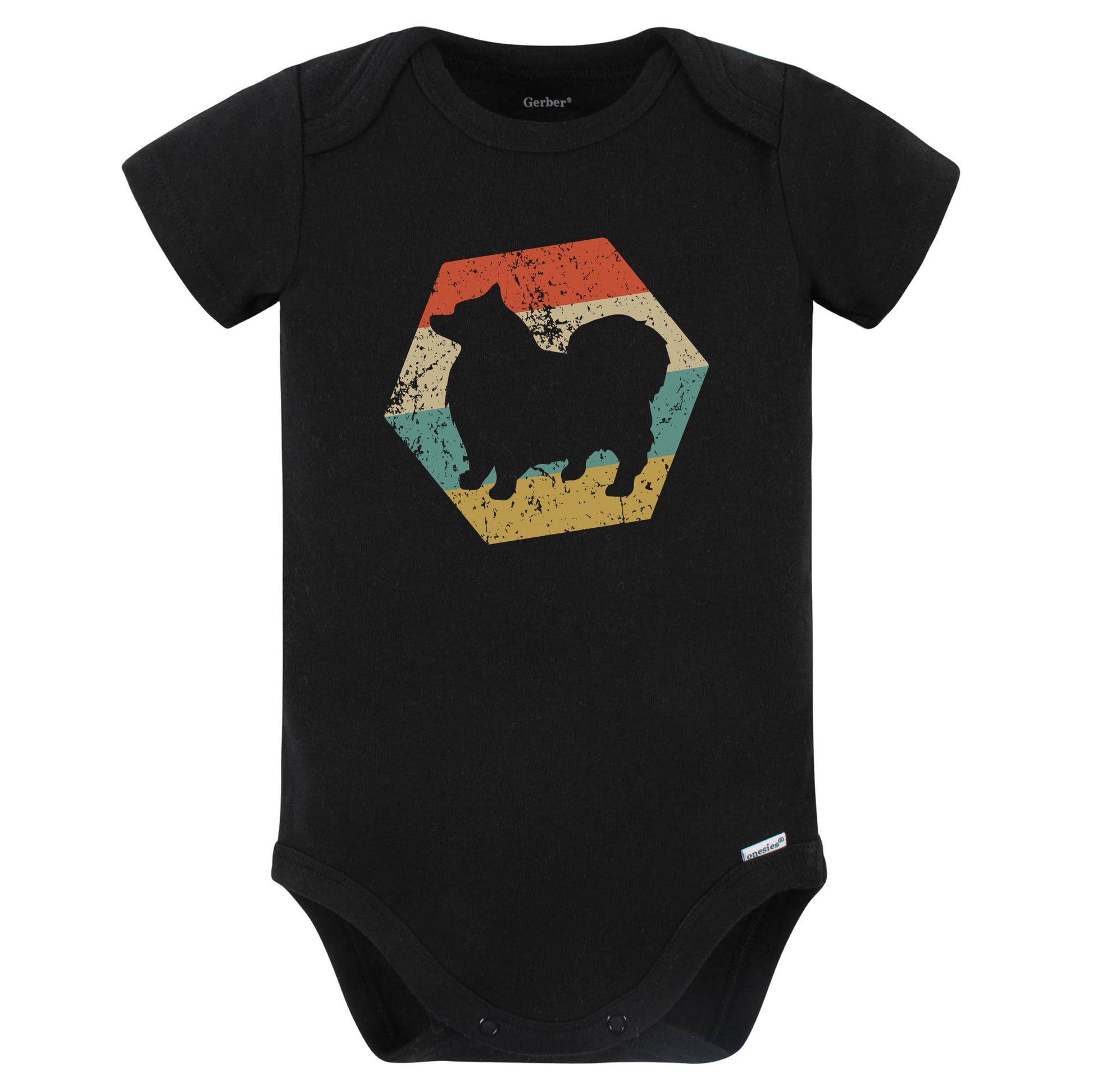 Keeshond Dog Breed Retro Distressed Hexagon Baby Bodysuit (Black)