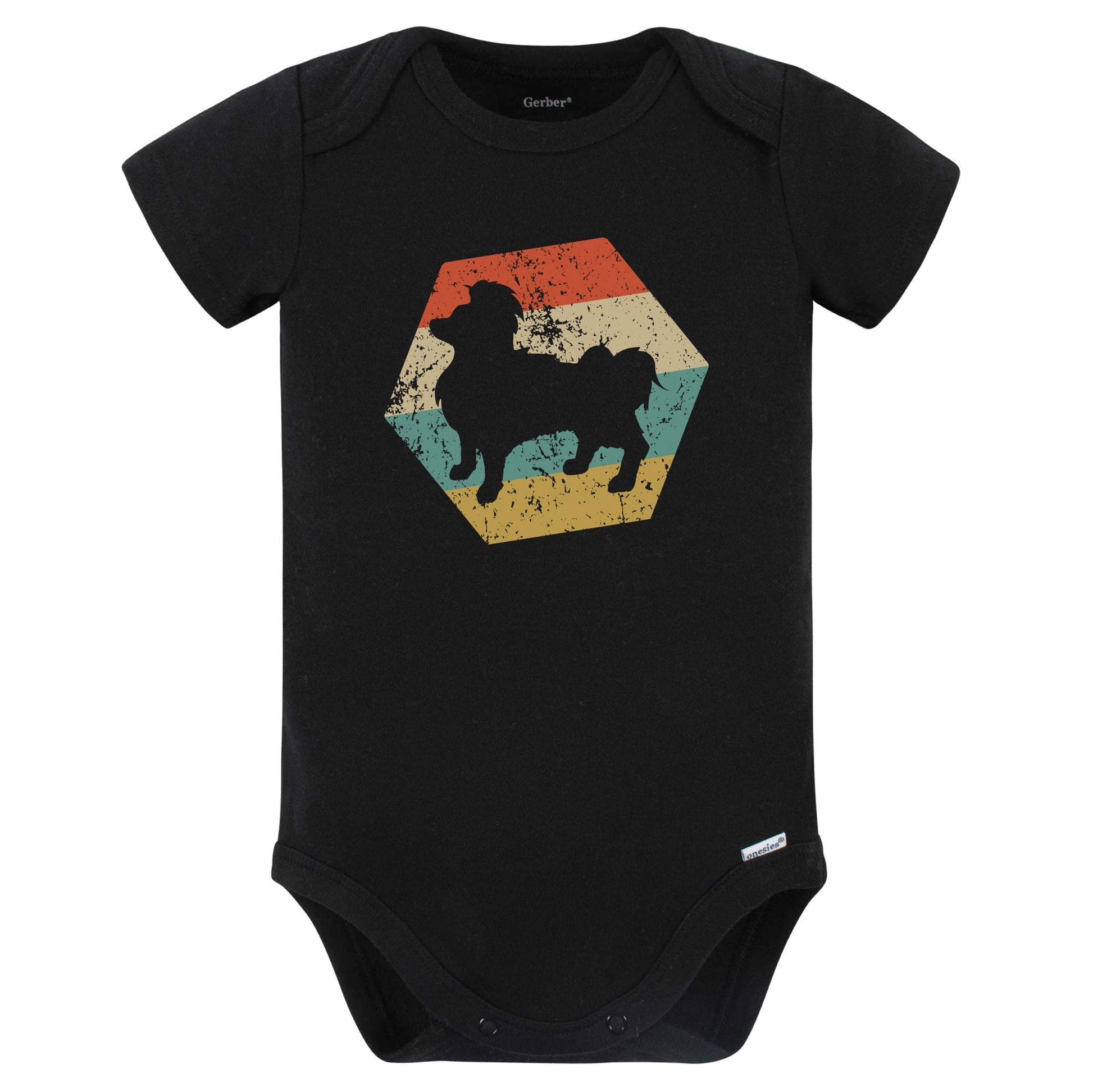 Papillon Dog Breed Retro Distressed Hexagon Baby Bodysuit (Black)