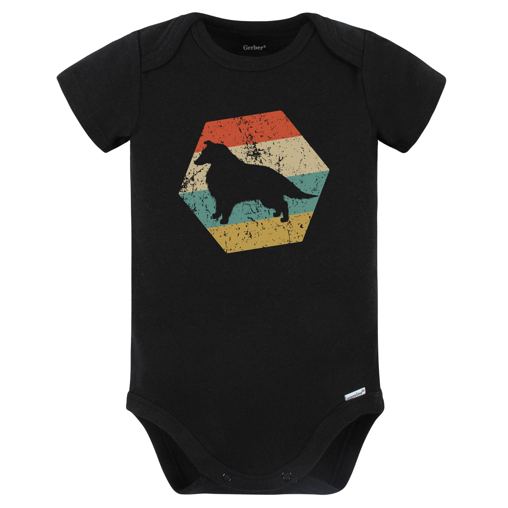 Collie Dog Breed Retro Distressed Hexagon Baby Bodysuit (Black)