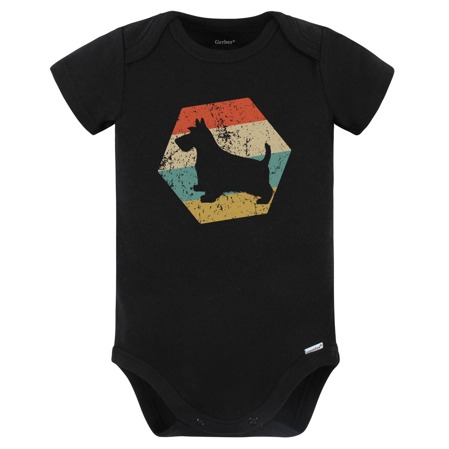 Scottish Terrier Dog Breed Retro Distressed Hexagon Baby Bodysuit (Black)