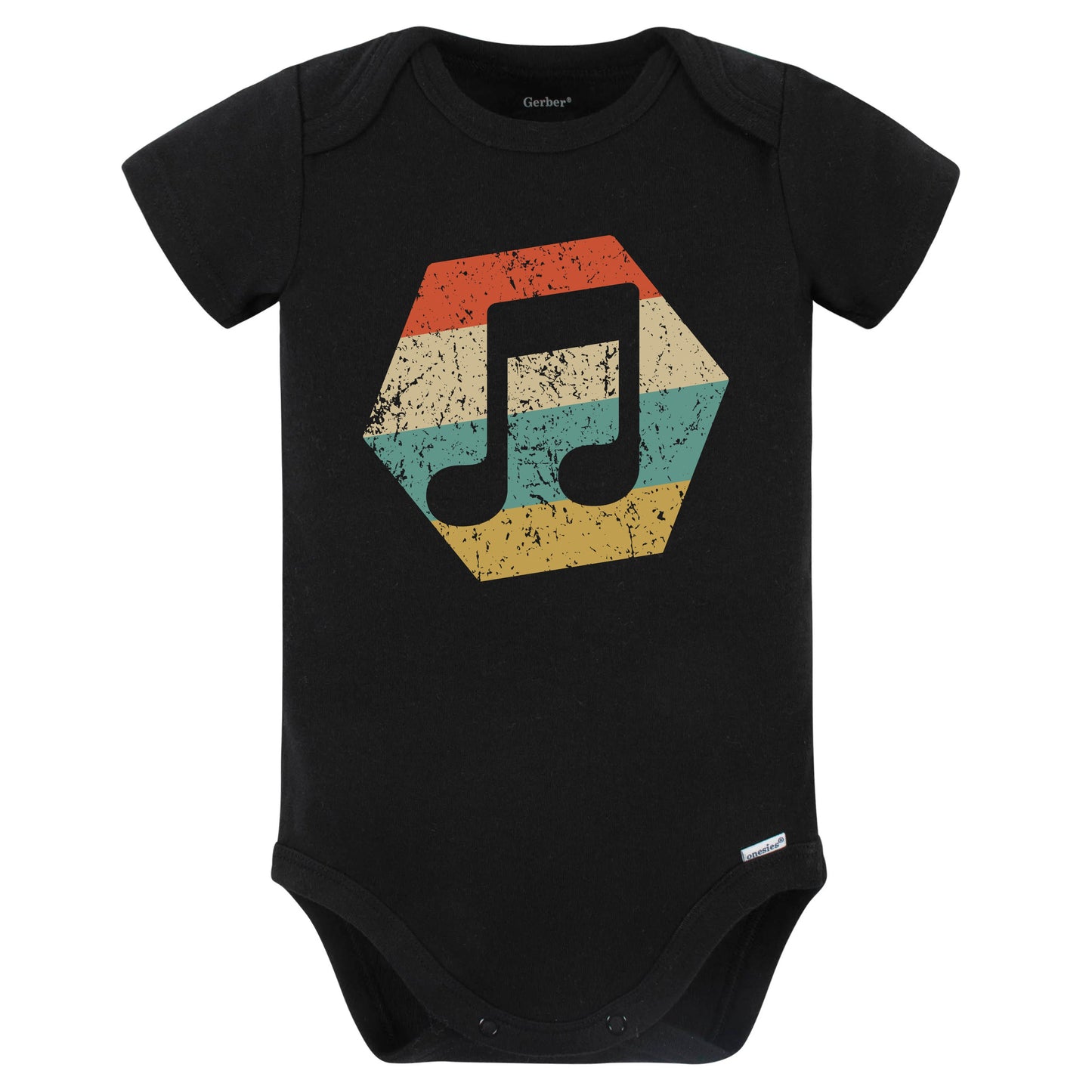 Music Note Retro Distressed Hexagon Eighth Notes Baby Bodysuit (Black)