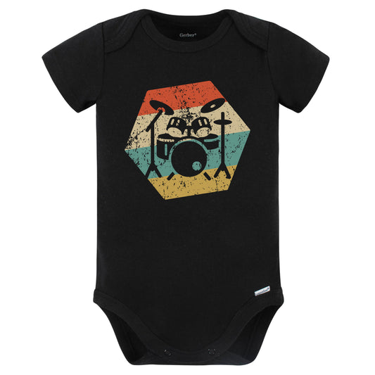 Drum Set Retro Distressed Hexagon Drummer Baby Bodysuit (Black)