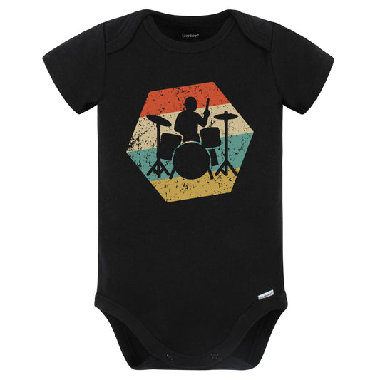Drummer Retro Distressed Hexagon Drum Set Baby Bodysuit (Black)