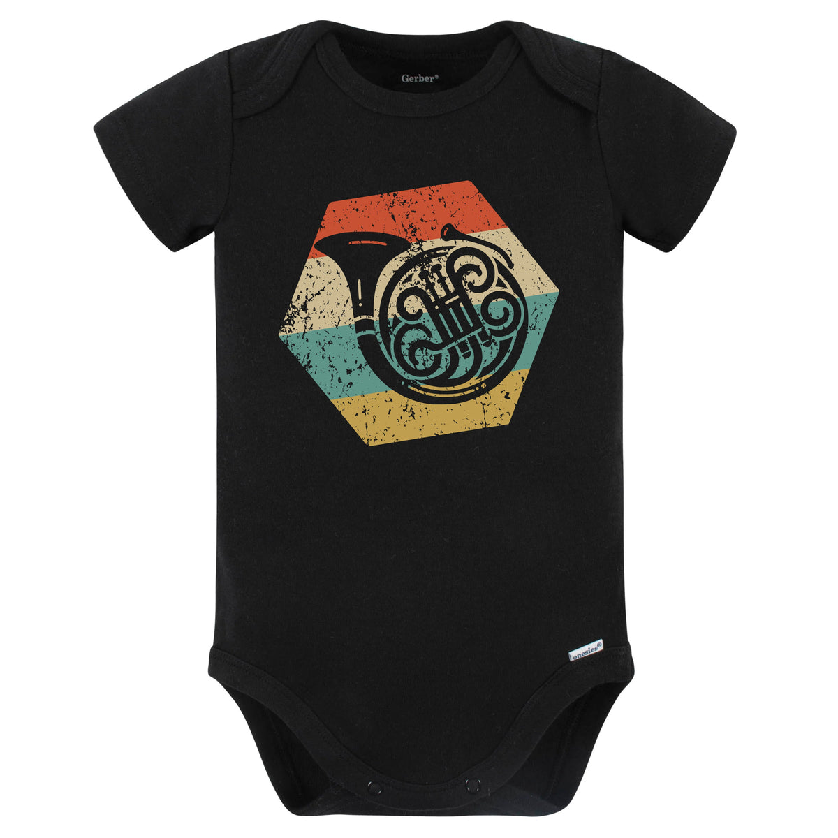 French Horn Retro Distressed Hexagon Musical Instrument Baby Bodysuit (Black)