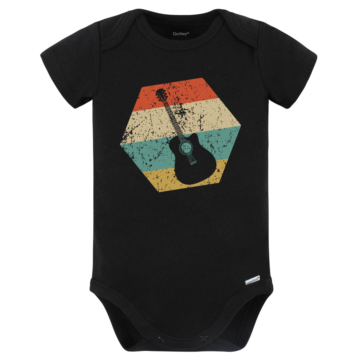 Acoustic Guitar Retro Distressed Hexagon Guitarist Baby Bodysuit (Black)