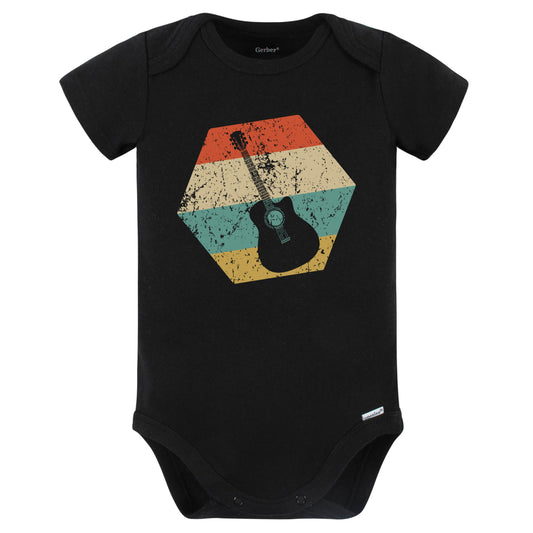 Acoustic Guitar Retro Distressed Hexagon Guitarist Baby Bodysuit (Black)