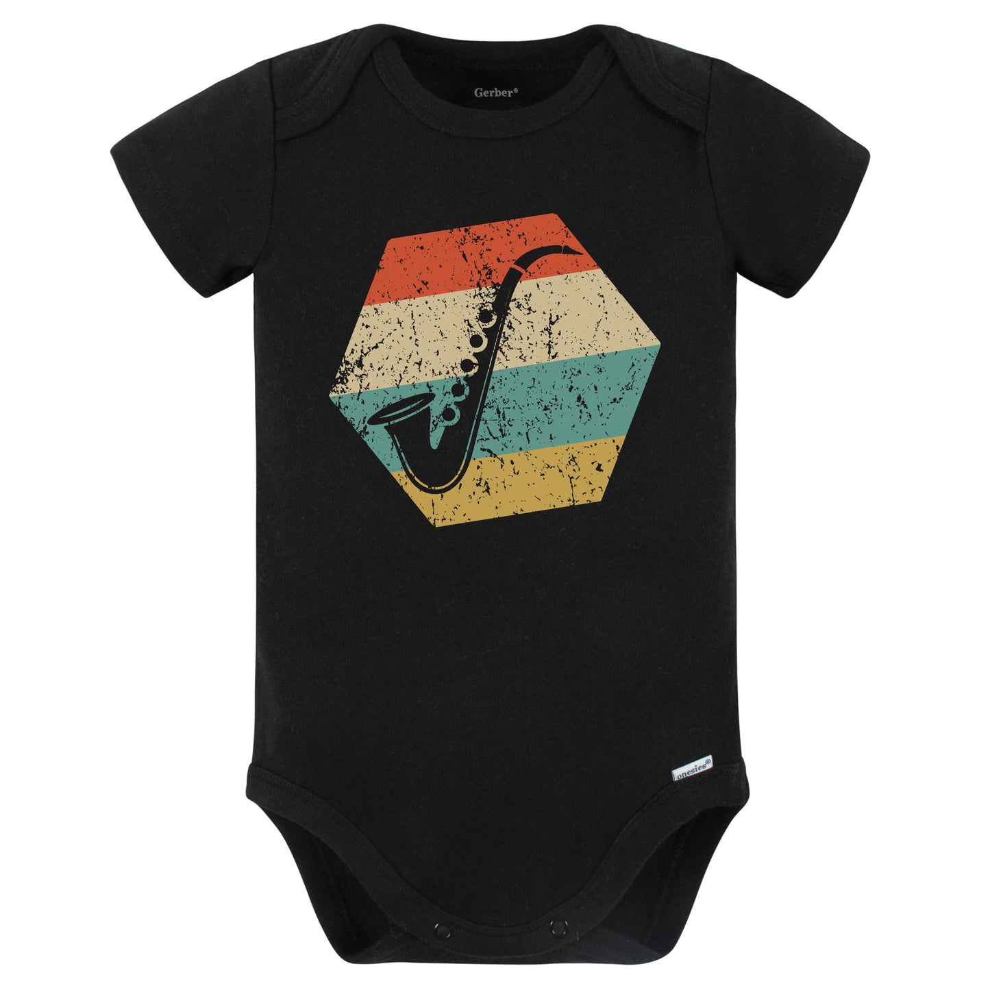 Saxophone Retro Distressed Hexagon Saxophone Baby Bodysuit (Black)