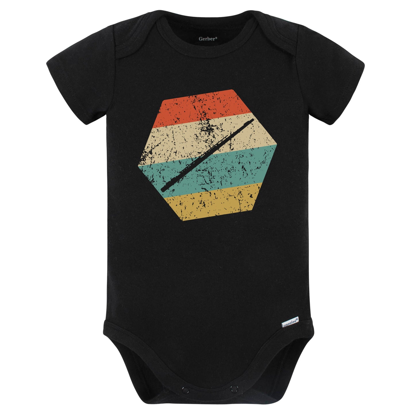 Flute Retro Distressed Hexagon Flautist Baby Bodysuit (Black)
