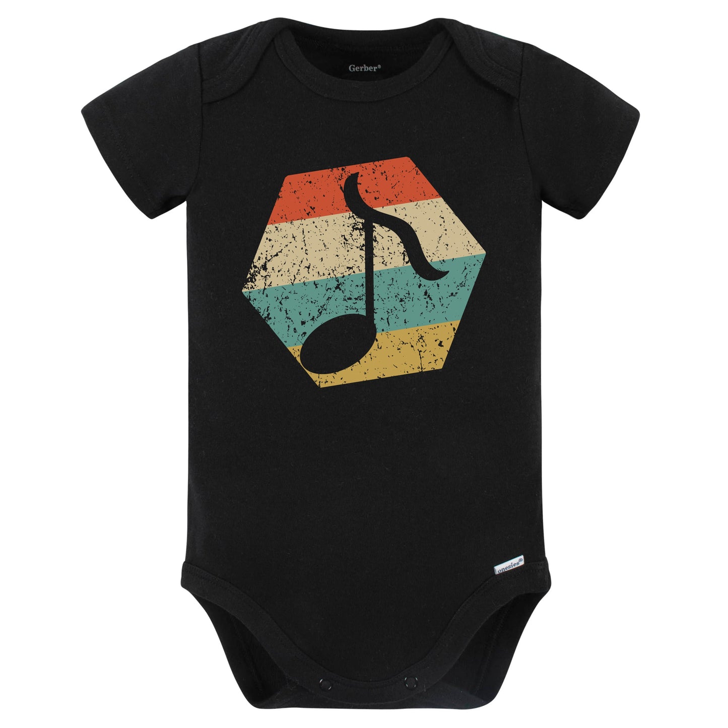 Music Note Retro Distressed Hexagon Eighth Note Baby Bodysuit (Black)