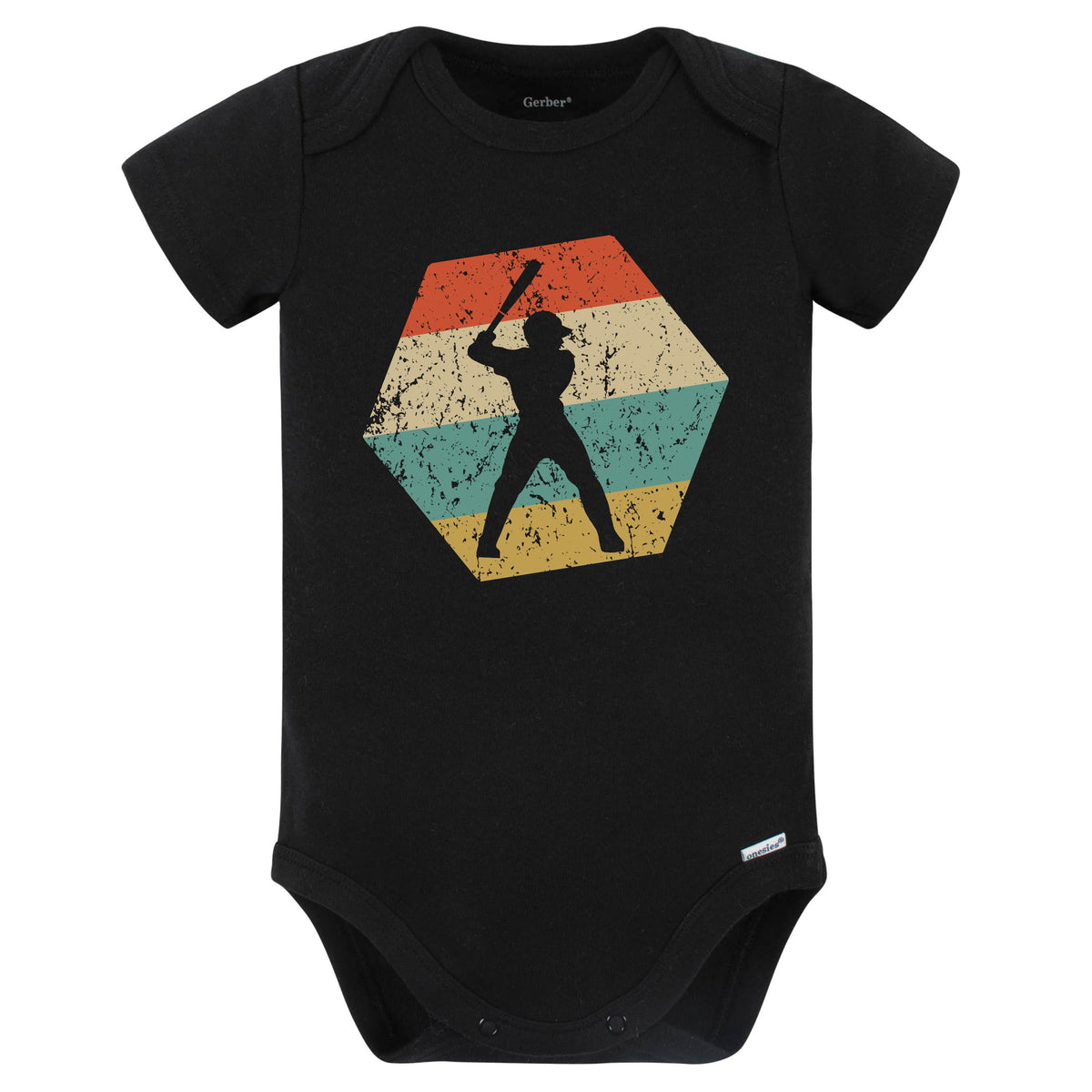 Baseball Player Retro Distressed Hexagon Batter Baby Bodysuit (Black)