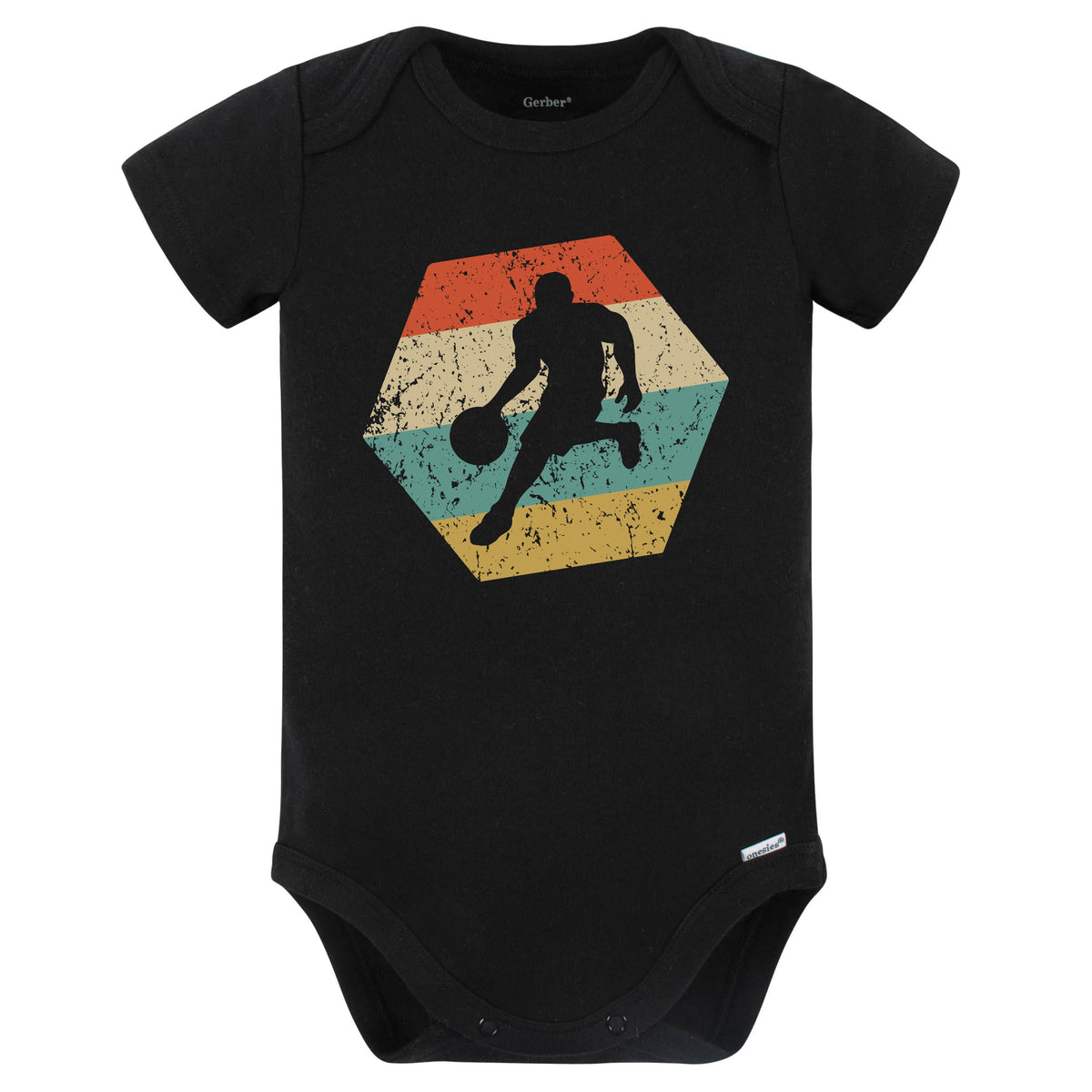 Basketball Player Retro Distressed Hexagon Dribble Baby Bodysuit (Black)