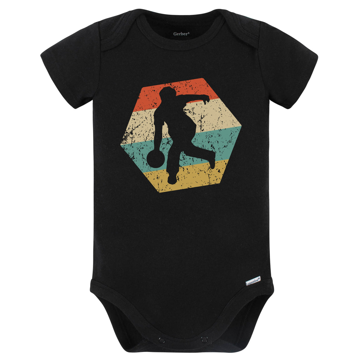 Bowler Retro Distressed Hexagon Bowling Baby Bodysuit (Black)