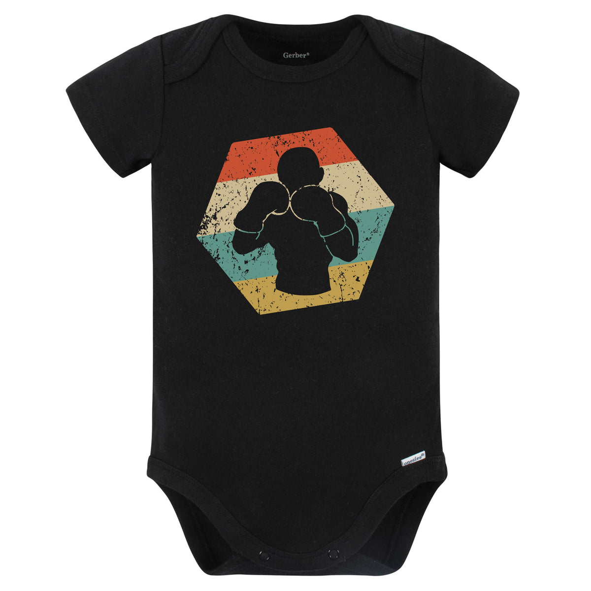 Boxing Retro Distressed Hexagon Boxer Baby Bodysuit (Black)