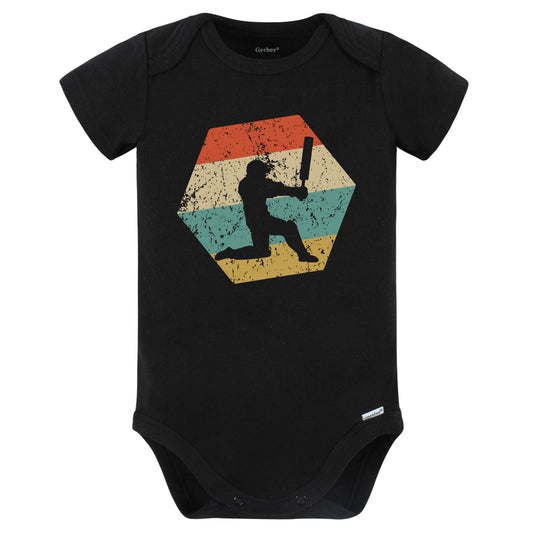 Cricket Player Retro Distressed Hexagon Cricket Batsman Baby Bodysuit (Black)