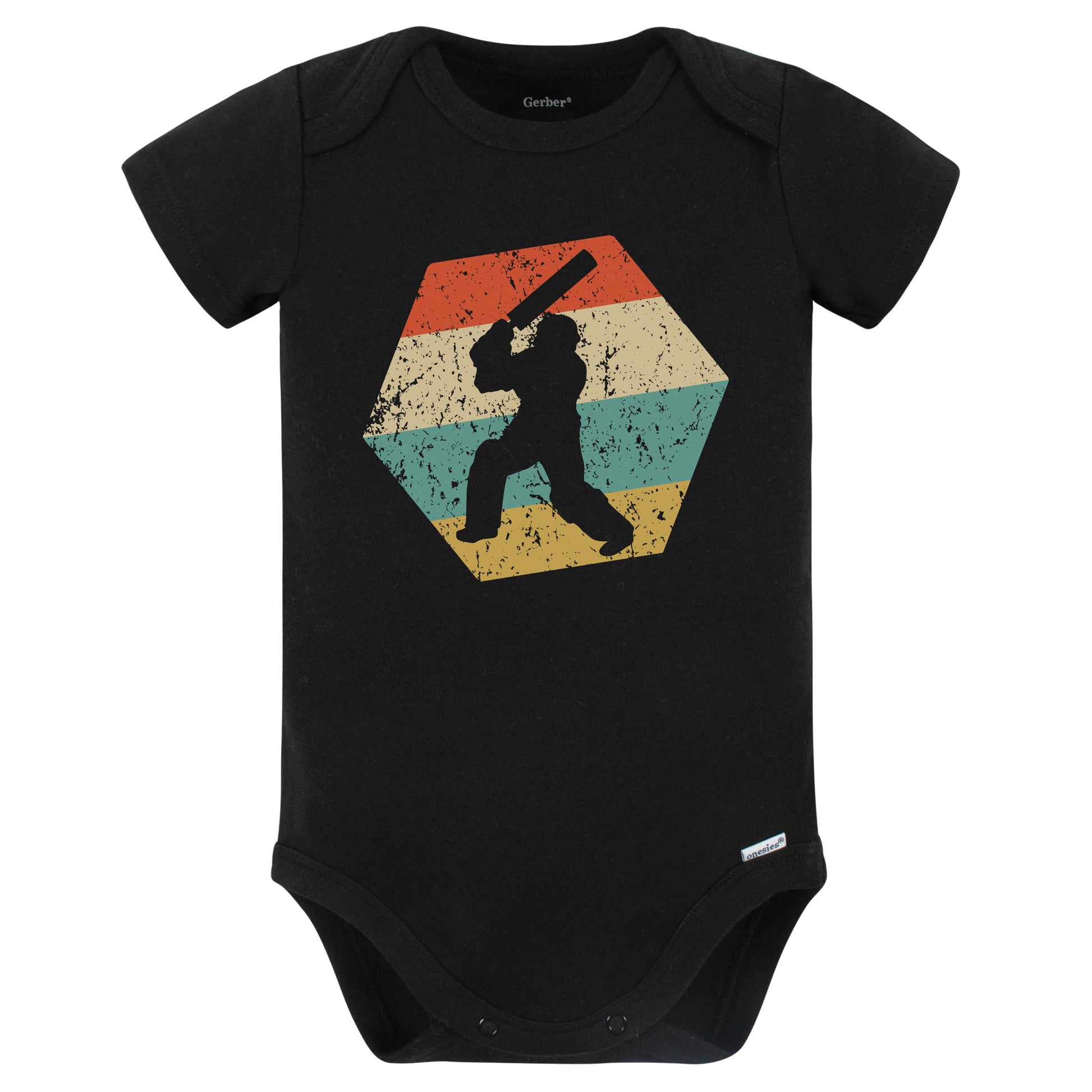 Cricket Retro Distressed Hexagon Cricket Player Baby Bodysuit (Black)