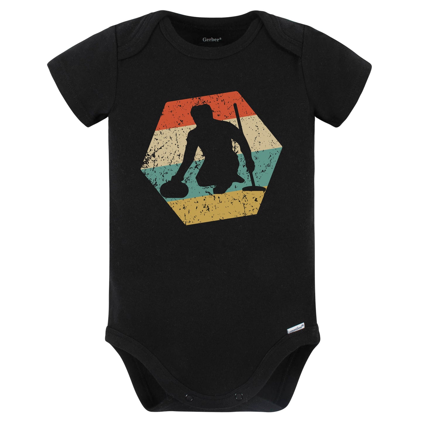 Curling Retro Distressed Hexagon Curler Baby Bodysuit (Black)