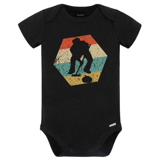 Curling Retro Distressed Hexagon Curler Sweeping Baby Bodysuit (Black)
