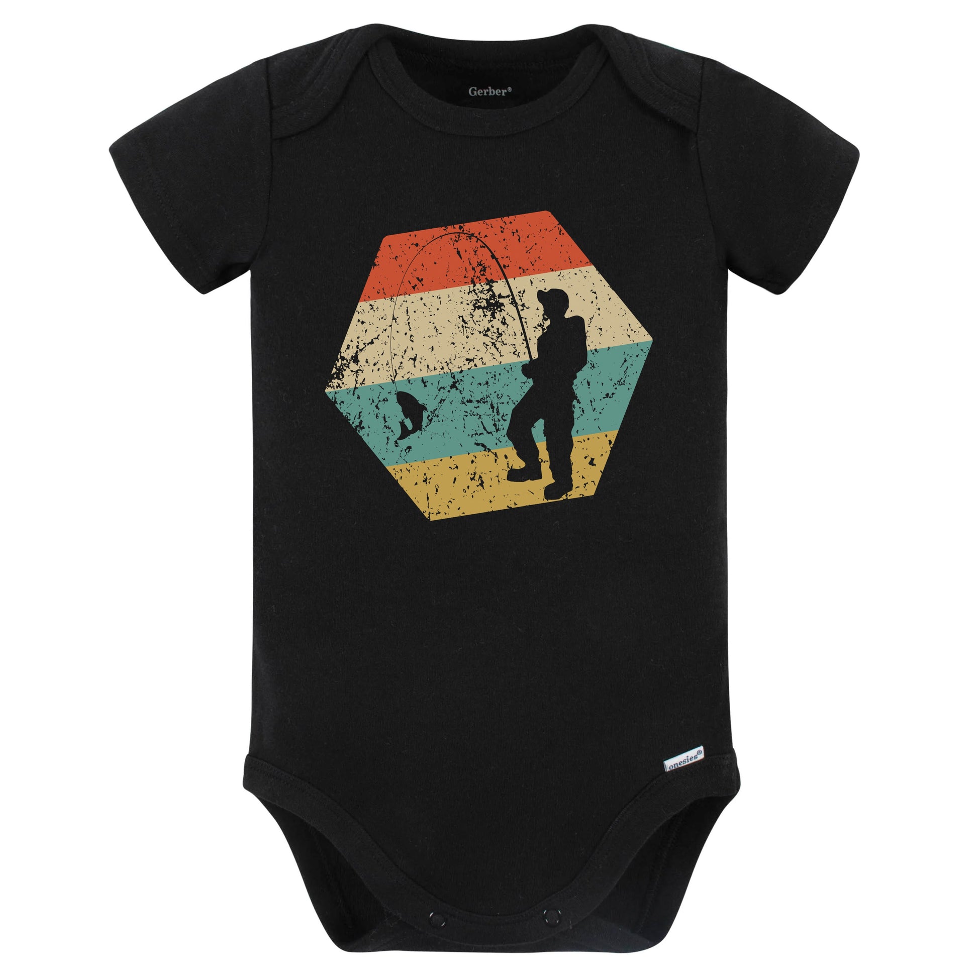 Fishing Retro Distressed Hexagon Fisherman Reeling in Fish Baby Bodysuit (Black)