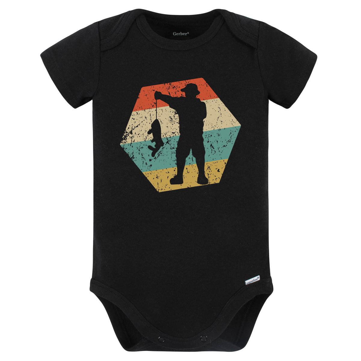Fisherman Retro Distressed Hexagon Fishing Baby Bodysuit (Black)