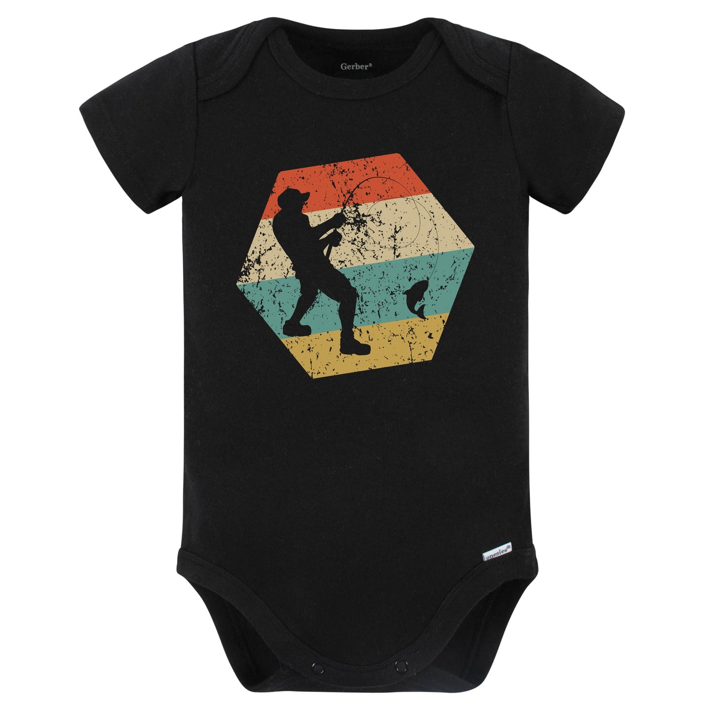 Fishing Retro Distressed Hexagon Fisherman Catching a Fish Baby Bodysuit (Black)