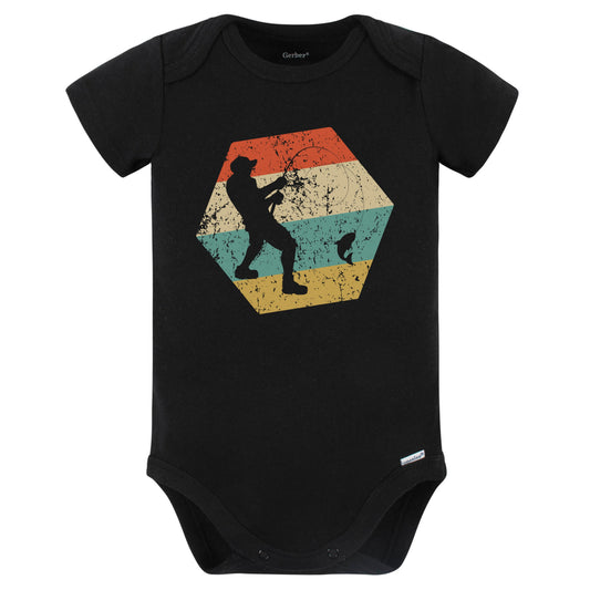 Fishing Retro Distressed Hexagon Fisherman Catching a Fish Baby Bodysuit (Black)