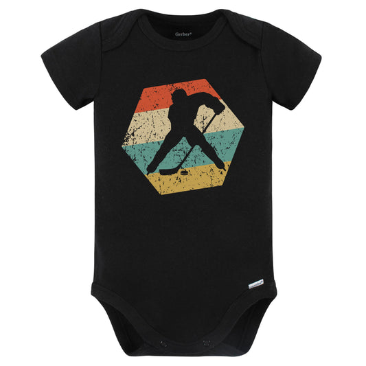 Hockey Retro Distressed Hexagon Hockey Player Baby Bodysuit (Black)