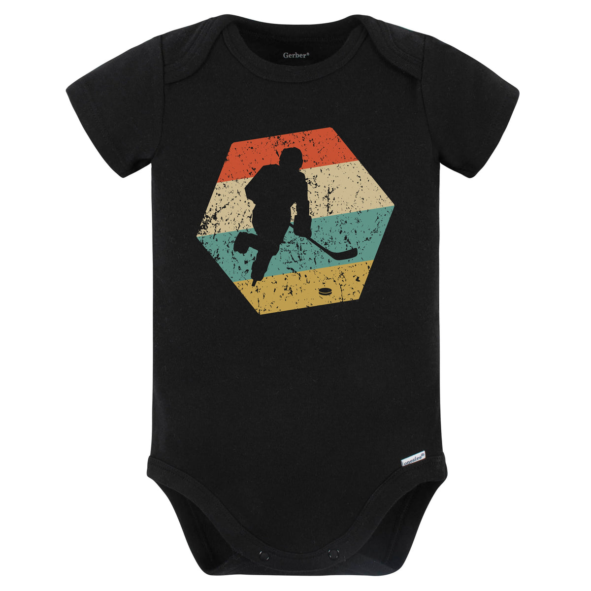 Hockey Player Retro Distressed Hexagon Hockey Player Skating Baby Bodysuit (Black)