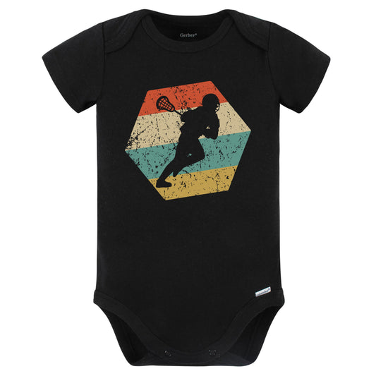 Lacrosse Player Retro Distressed Hexagon Lacrosse Baby Bodysuit (Black)